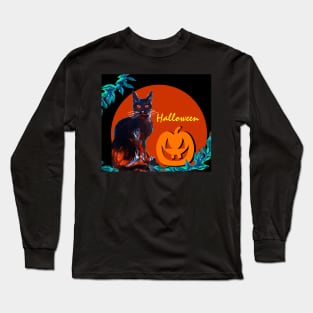BLACK CAT WITH PUMPKIN IN HALLOWEEN NIGHT Long Sleeve T-Shirt